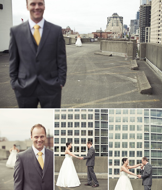 Smiling groom awaits bride on rooftop wedding with city view