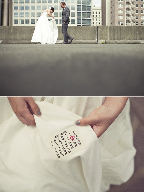Bride and groom on rooftop with wedding date calendar detail