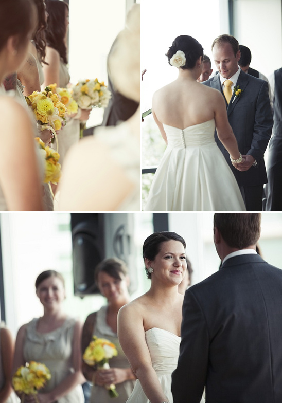 Wedding ceremony with bride and groom, bridesmaids with yellow bouquets