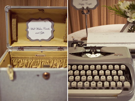 Wedding decor with vintage suitcase and typewriter, well wishes