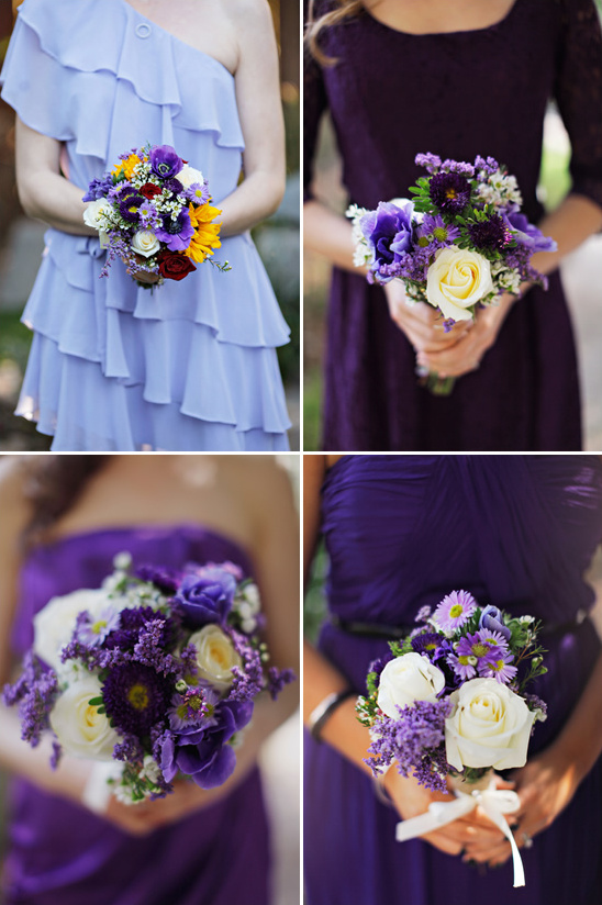 Bridesmaids in purple dresses hold wedding bouquets
