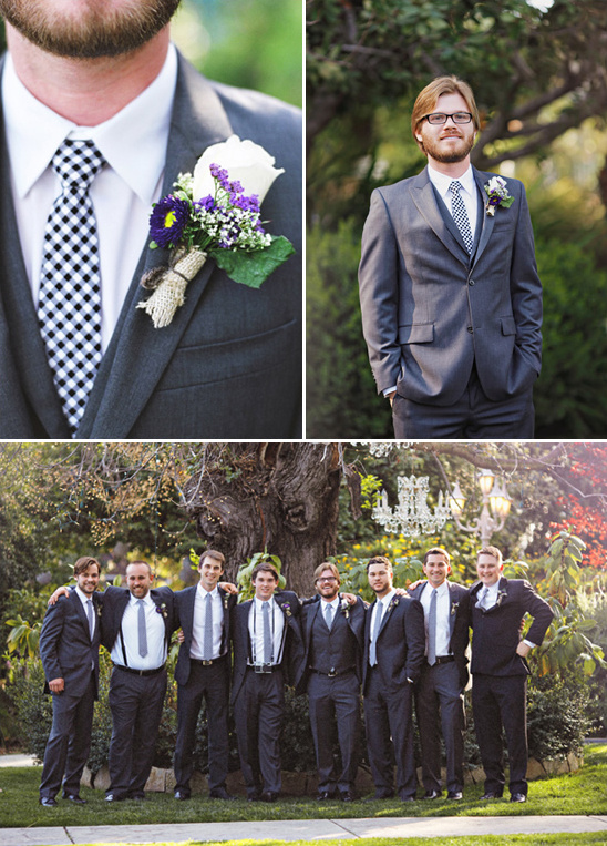 Groomsmen in gray suits with checkered ties and boutonnieres