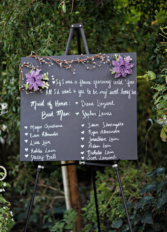 Wedding party chalkboard sign with floral decorations