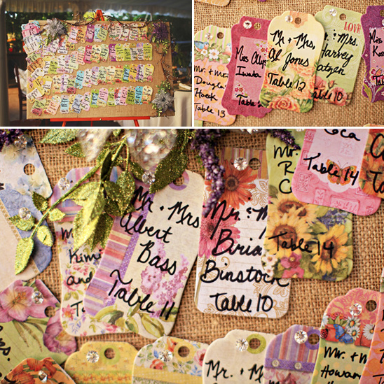 Floral wedding seating chart with decorated name tags