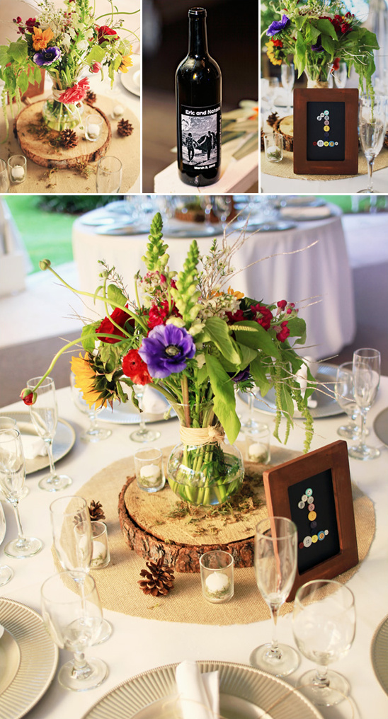 Rustic wedding table setting with flowers and wine bottle
