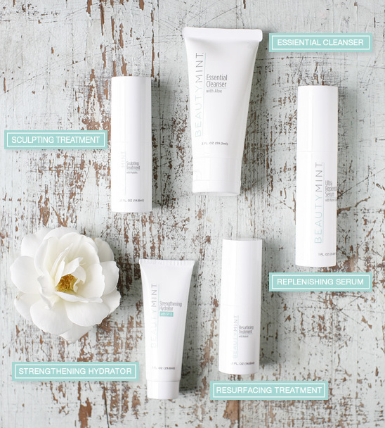 BeautyMint skincare products set with white flower flatlay