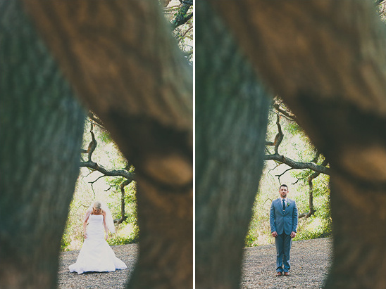 Bride and groom seen through trees on their wedding day
