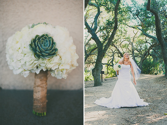 Bride in white dress with hydrangea succulent bouquet