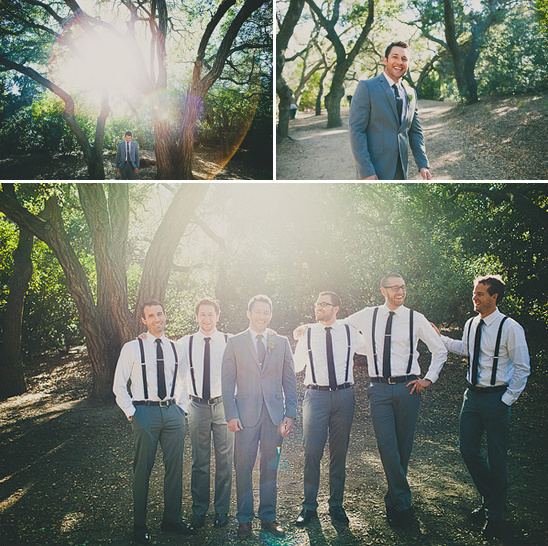 Groom and groomsmen in suits outdoors wedding style