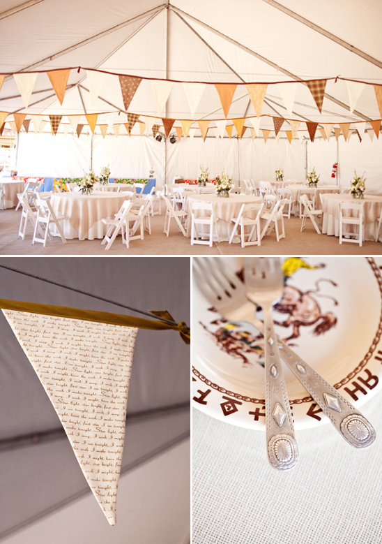 Rustic wedding tent decor with tables