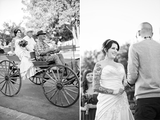 Wedding couple in horse drawn carriage