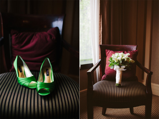 Green wedding shoes and bouquet, bridal details on antique chairs