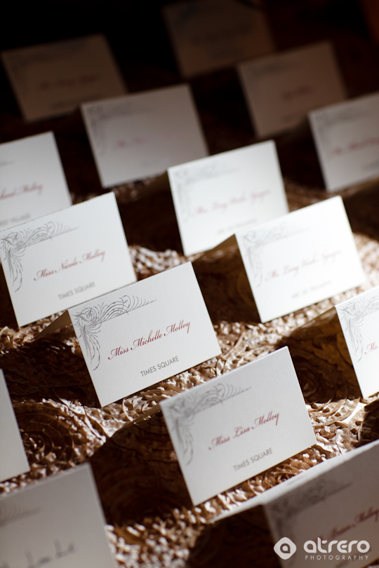 Elegant wedding place cards with names and Times Square venue
