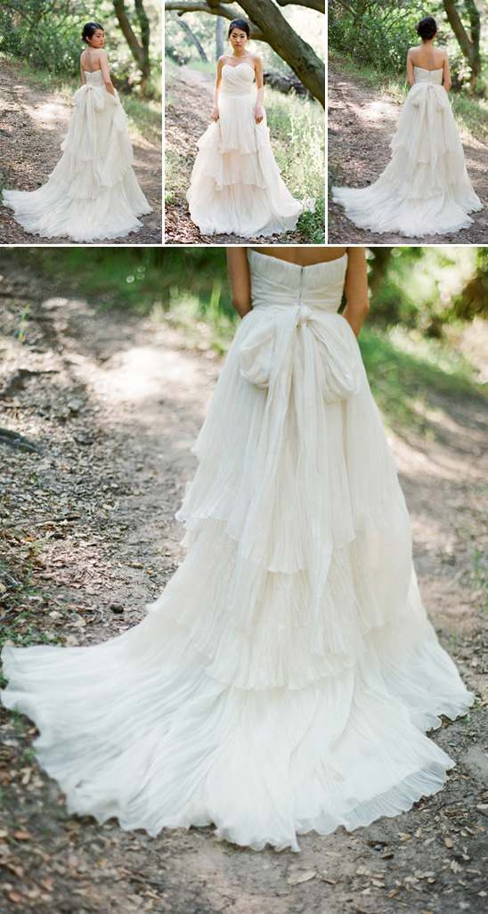 Stunning layered wedding gown in outdoor setting