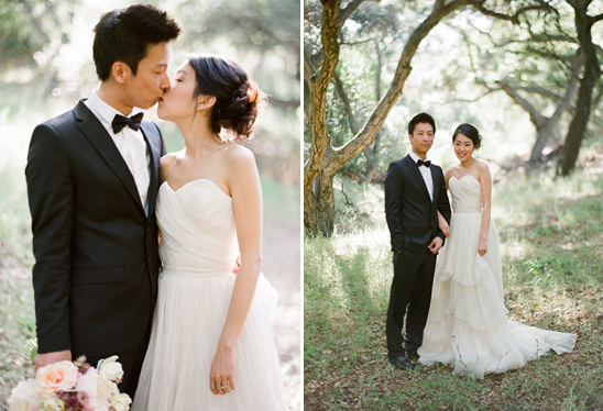 Happy couple kissing and wedding photos in a forest