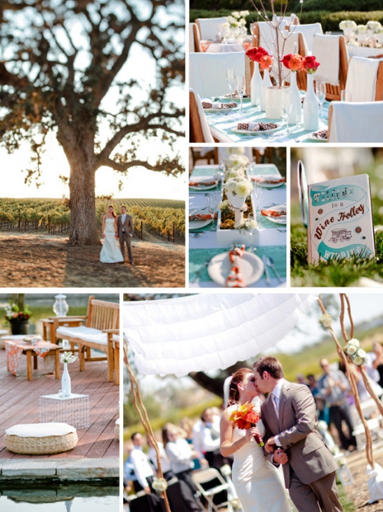 Outdoor vineyard wedding collage of bride and groom