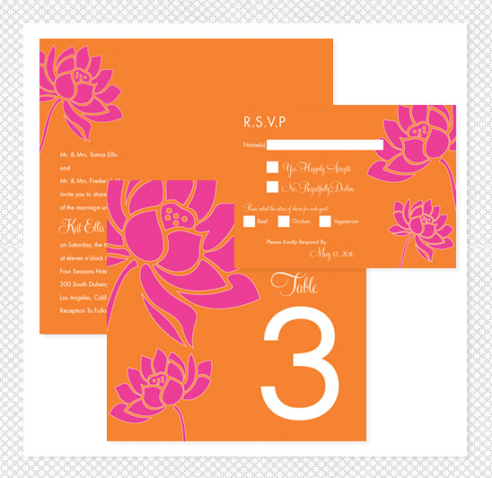 Orange wedding invitation suite with pink lotus flowers