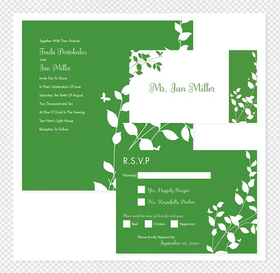 Green floral wedding invitation suite design closeup