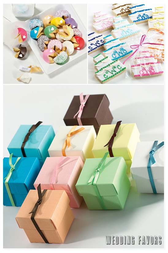 Colorful wedding favors with fortune cookies and gift boxes