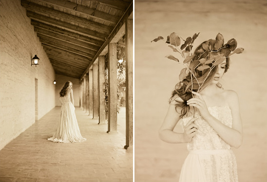 Bride in sepia-toned wedding photos, elegant dress