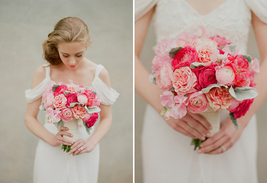 Pretty pink wedding bouquet held by bride