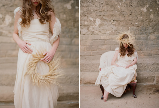 Bride in rustic wheat wreath wedding dress