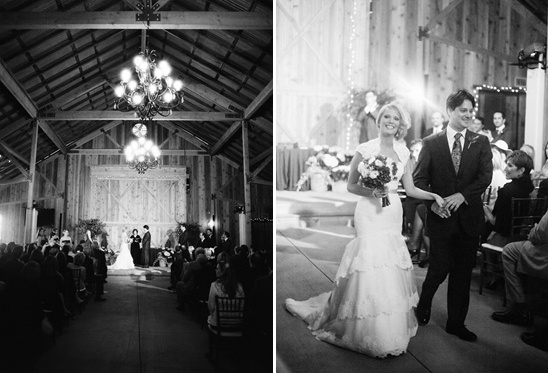 Barn wedding ceremony and bride and groom walking out