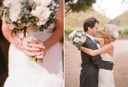 Bride holding wedding bouquet during embrace outdoors