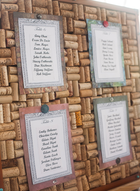 Unique wedding seating chart on cork board with names