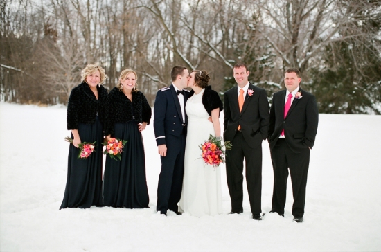 Winter wedding party in snowy setting