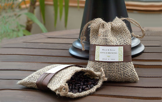 Coffee Wedding Favors inside Burlap Bags