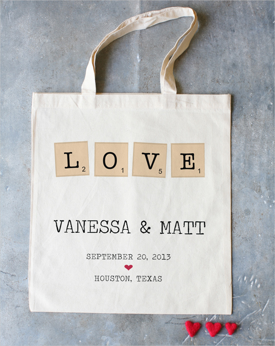 Personalized wedding tote bag: LOVE, Vanessa & Matt, Sept 20, 2013, Houston