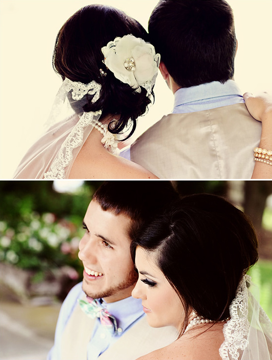 Happy bride and groom embracing lovingly