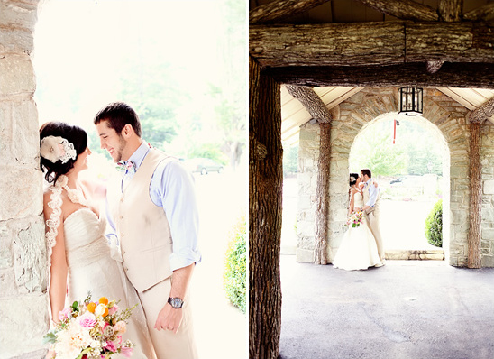 Happy bride and groom embracing romantically