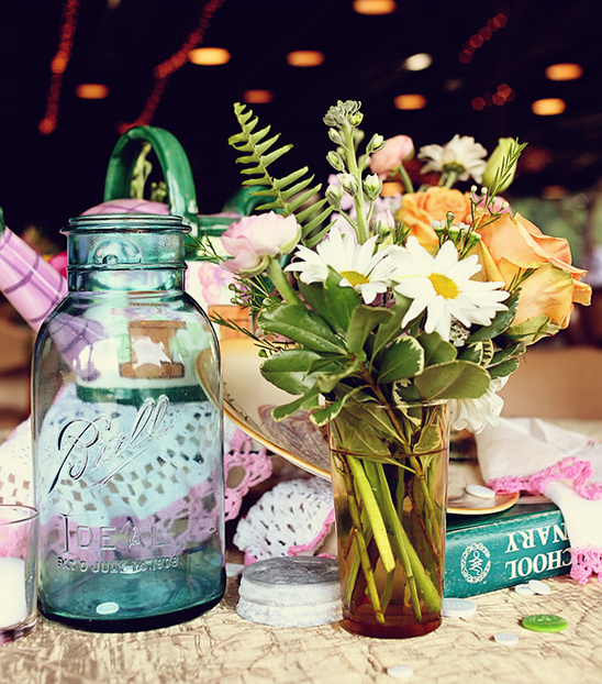 Pretty floral arrangement with vintage jars