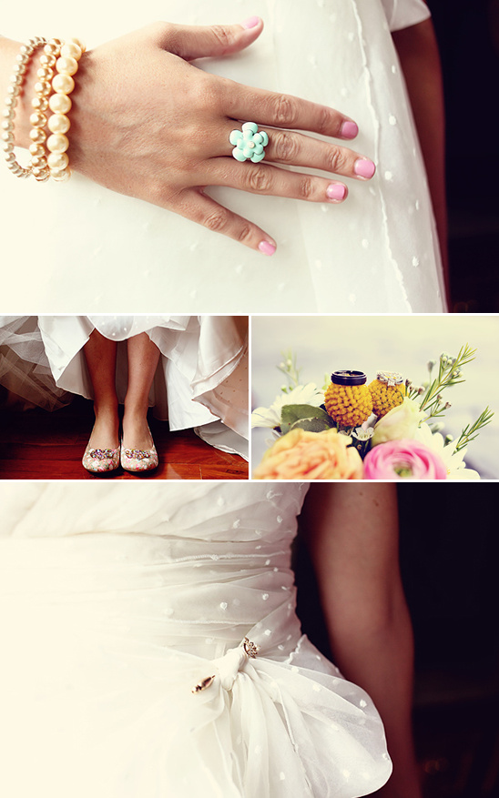 Bridal details: ring, shoes, dress, bouquet