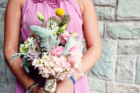 Pink and white bridesmaid bouquet with yellow accents
