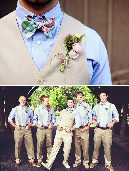 Groomsmen in tan suits, pastel bow ties, and boutonnieres