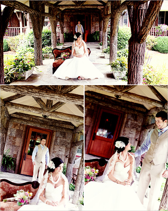 Bride and groom's first look at rustic venue