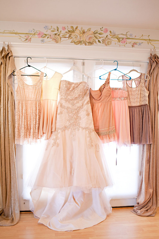Wedding dresses and bridesmaid gowns displayed
