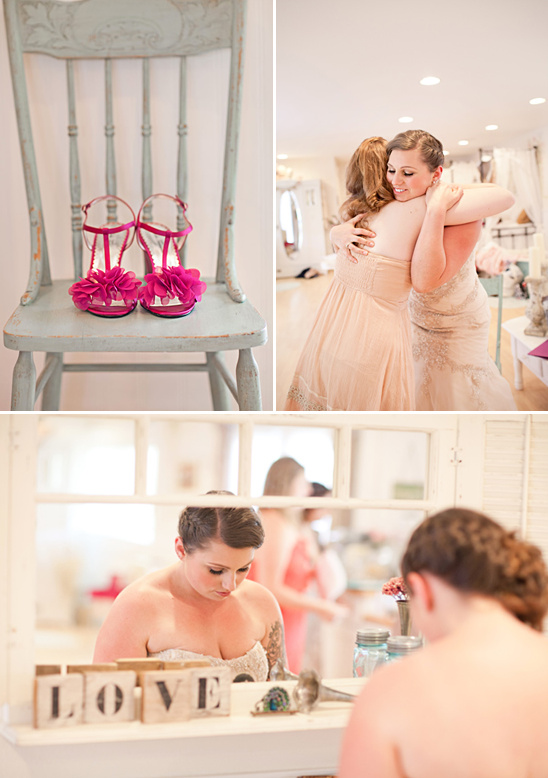 Bride getting ready, bridesmaids hugging
