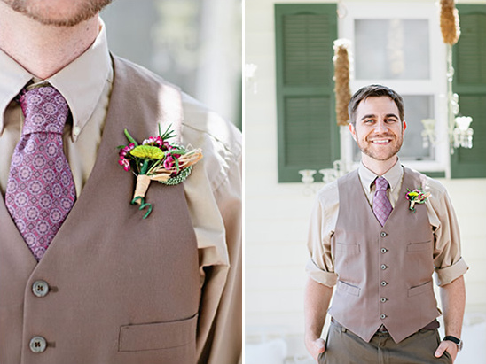 Groom in brown vest, purple tie, floral boutonniere