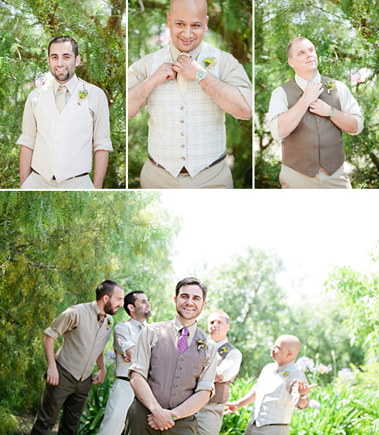 Groomsmen in tan vests at outdoor wedding