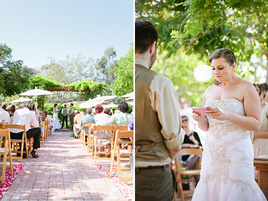 Bride reading heartfelt wedding vows outdoors