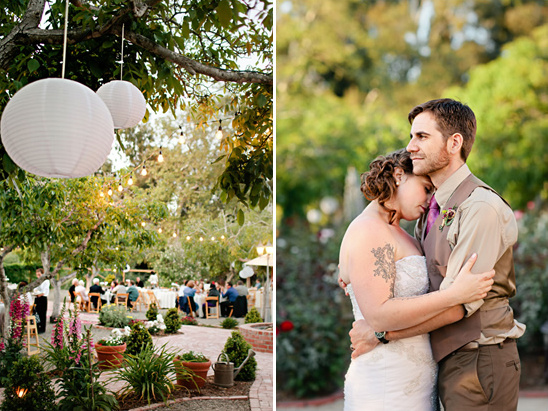 Outdoor wedding reception with happy couple