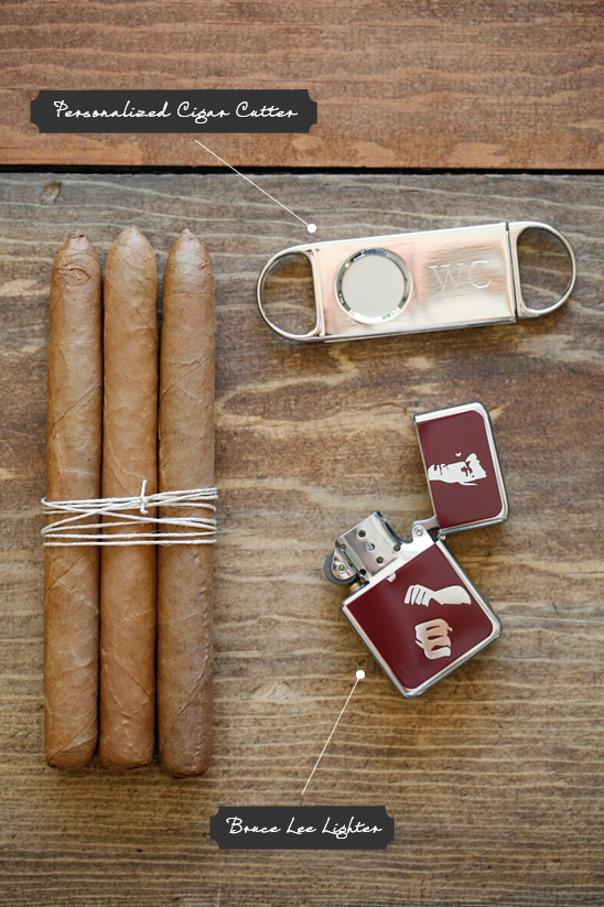Personalized cigar cutter, cigars, and Bruce Lee lighter