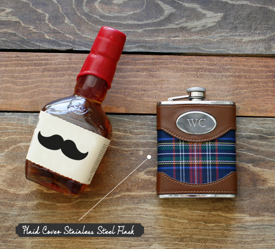 Plaid-covered stainless steel flask with initials