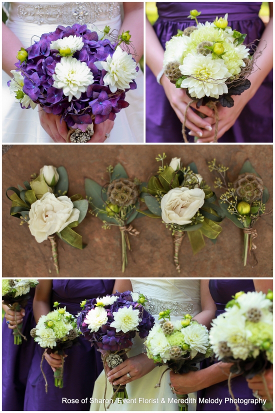 Elegant purple and white wedding bouquets