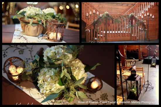 Rustic wedding decor: flowers, candles, and lanterns