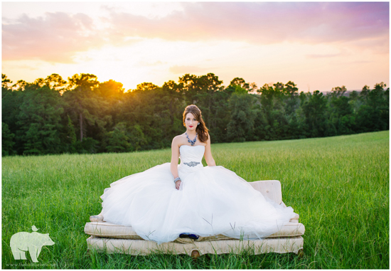 Bride in a field at sunset, wearing a wedding dress